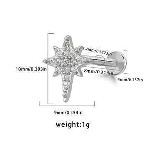 Macro detail of silver star labret with dimensions 10x9mm and zircon inlay specifications