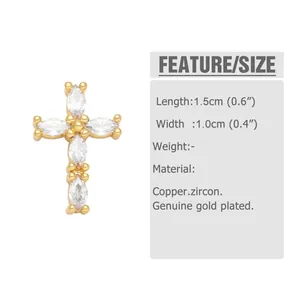 Detailed sizing chart and macro view of gold cross earrings with marquise zircon stones