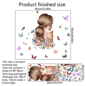 Butterfly girl wall sticker set with 85x76cm finished size and 90x30cm sheet dimensions