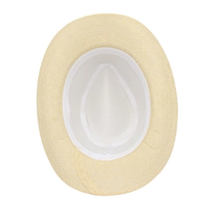 Detail view of the straw cowboy hat interior featuring white lining and soft sweatband