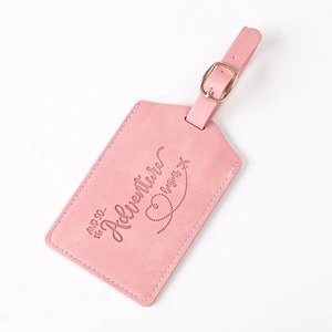 Pink PU leather luggage tag with gold buckle and adventure begins engraving for travel