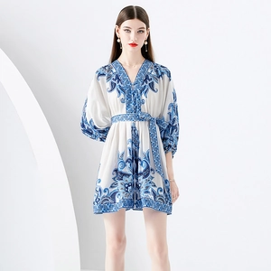 V Neck Lantern Sleeve Mini Dress Paisley Print Chiffon Bohemian Retro Tie Waist Elegant Vacation Style For Women