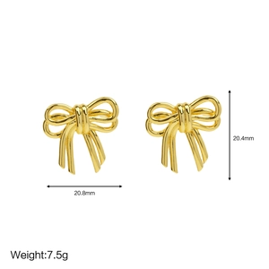 Polished 18k gold bow stud earrings with 20.4mm height and 7.5g lightweight design