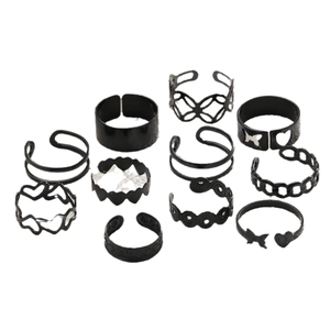 11-piece set of black punk rings featuring hollow butterfly and heart designs for women and men