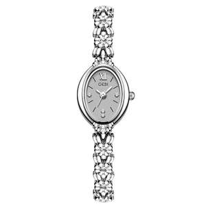 GEDI silver oval watch for women featuring camellia flower bracelet with rhinestones