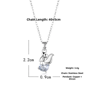 Detailed view of silver squirrel pendant holding a large round zircon on stainless chain