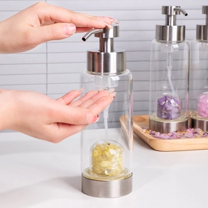 Glass Soap Dispenser Bottle With Natural Crystal Stones And 304 Stainless Steel Pump Refillable Lotion Bottle Bathroom