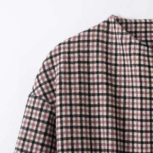 Elegant plaid long coat with vintage black and purple woven checkered wool texture