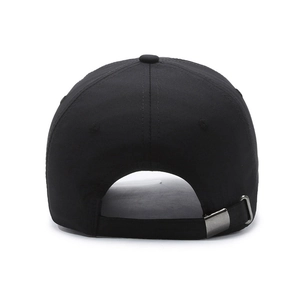 Rear view of black quick-dry baseball cap with adjustable metal buckle for outdoor sports