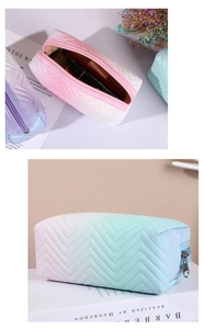 Detail of pink and mint green gradient PU leather makeup bags with V-shaped quilting