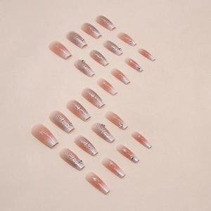 Long ballet press-on nails with pink gradient, silver stars and rhinestones