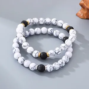 Vintage Natural Stone Beaded Bracelet For Women Men Handmade Elastic Lava Stone White Turquoise Style Marble Beads Bracelet