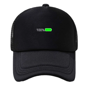 Black mesh trucker hat with green 100% battery print and breathable snapback design
