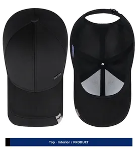 Detail view of black business baseball cap showing top crown and inner lining structure