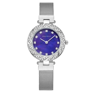Women's watch with silver mesh band, rhinestone bezel, and purple sunray dial