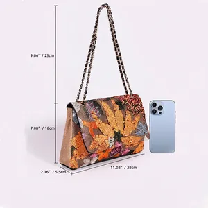 Bohemian sequined embroidery shoulder bag with sunflower patterns and chain strap