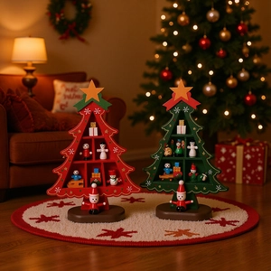 Close-up of wooden mini Christmas trees with tiny ornaments in red and green festive colors