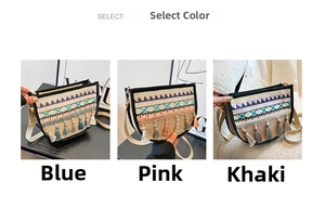 Detailed view of bohemian linen crossbody bags in blue, pink, and khaki with fringe tassels