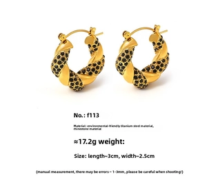 Macro view of gold U-shaped twisted hoop earrings with micro-set black zircons