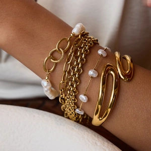 Layered 18K gold stainless steel chain bracelets with pearls and minimalist open bangle set