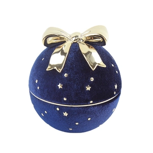 Navy blue round velvet jewelry box with golden bow and starry star patterns