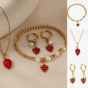Edelstahl Erdbeere Schmuck Halskette Armband Und Ohrringe Emaille Künstliche Perle Süßes Obst Zubehör Für Damen