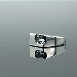 Mens silver ring with rectangular grey zircon stone in minimalist bezel setting