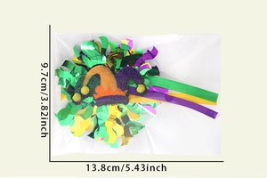 Size specifications for Mardi Gras crown hair clip featuring green gold and purple ribbons