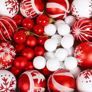 Red and white Christmas ball set with glitter patterns for festive tree decoration