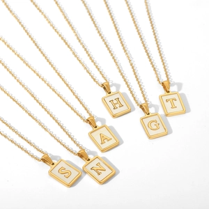 18K gold plated stainless steel square alphabet pendants with white shell inlay