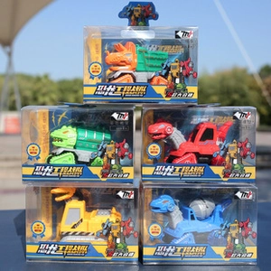Detail of 5-piece dinosaur construction vehicle toy set in transparent window packaging