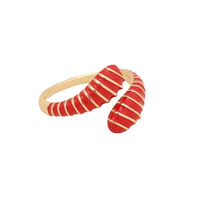 Modern spiral open ring in red and gold finish with textured ribbed design for women