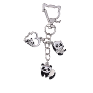 Cute cartoon panda keychain with rhinestones and enamel charms on a silver metal clip