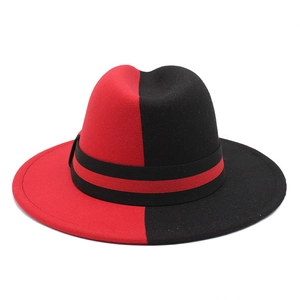 Classic two-tone red and black wool fedora hat with matching decorative band and flat brim