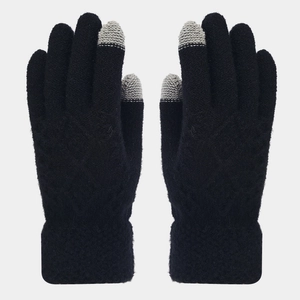 Detail of black knitted gloves with grey touchscreen tips on three fingers and elastic cuffs