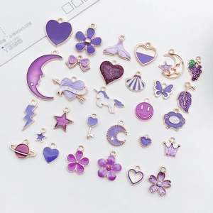 Detailed set of purple enamel alloy charms featuring hearts, stars and floral shapes