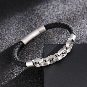 Men's vintage braided leather bracelet with stainless steel H-link motorcycle chain
