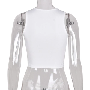 Close-up back view of white sleeveless ribbed crop top with U-shaped neckline