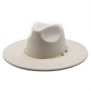 Detailed close-up of cream wide-brimmed suede hat with gold metal band accent