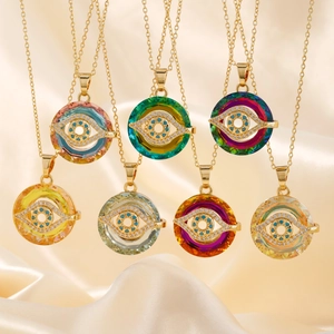 Detailed collection of colorful Evil Eye necklaces in diverse crystal shades with gold chains