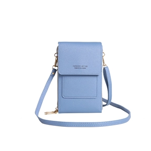 Petit sac bandoulière pour téléphone en cuir PU bleu clair avec fenêtre tactile