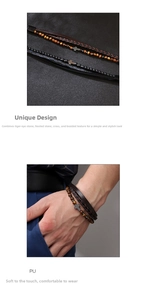 Macro detail of multi-layer cross bracelet with tiger eye stones and woven PU leather