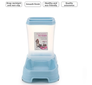 Detail of gravity pet feeder with blue base and translucent food storage barrel
