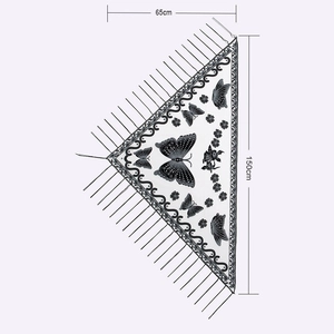 Triangle lace shawl with butterfly print and tassels showing 150x65cm dimensions