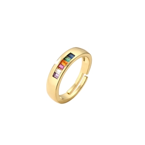 Adjustable gold plated open ring with colorful rainbow rectangular cubic zirconia