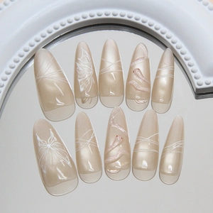 Handmade Press On Nails ABS Plastic Cat Eye Long Almond Butterfly Snake Pattern Artificial Pearl Champagne Reusable Manicure