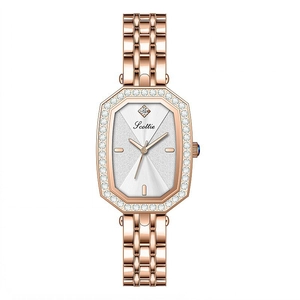 Elegante roségoldene Damenuhr mit achteckiger Diamantlünette und Metallgliederarmband