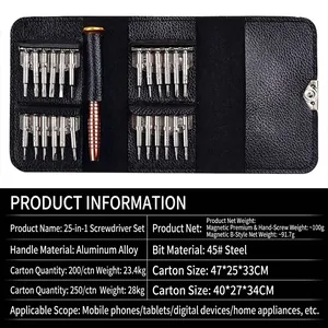 25-in-1 precision screwdriver set with aluminum handle and leather storage pouch