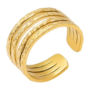 Minimalist gold multi-layer 304 stainless steel adjustable open ring with hammered texture
