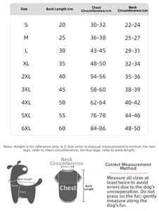 Detailed size guide for dog winter fleece jumpsuit from S to 6XL with measurements